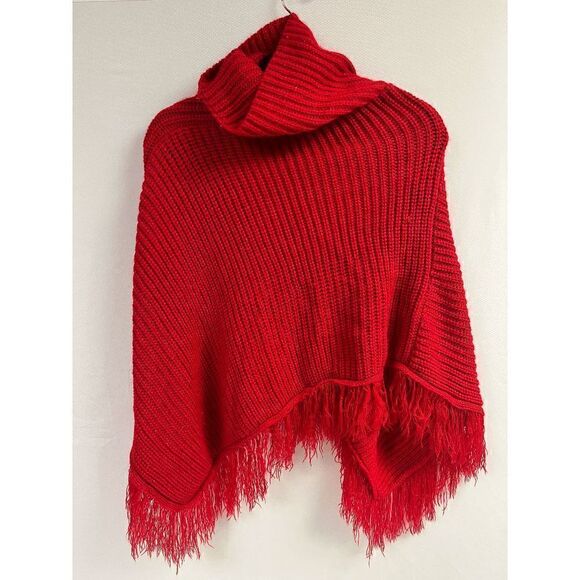 Womens Korean Mock Neck Knitted Tassel Poncho Cape Winter Shawl Sweater Red - Picture 1 of 3